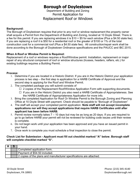 First page of the Permit Application for Replacement Roof or Windows