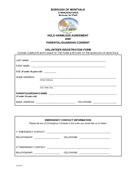 First page of the Hold Harmless Agreement and Parental/Guardian Consent Volunteer Registration Form