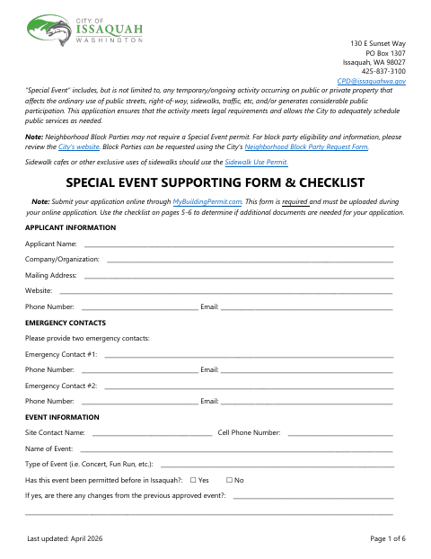 First page of the Special Event Application