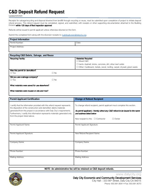 First page of the C&D Deposit Refund Request