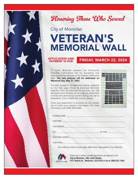 First page of the Veteran's Memorial Wall Plaque Application