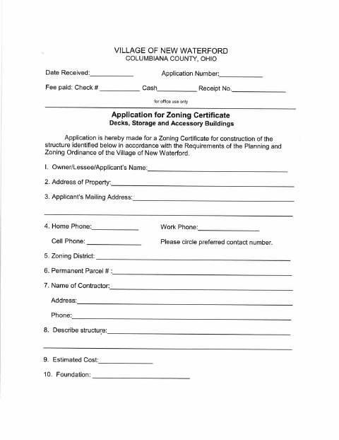 First page of the Application for Zoning Certificate: Decks, Storage and Accessory Buildings