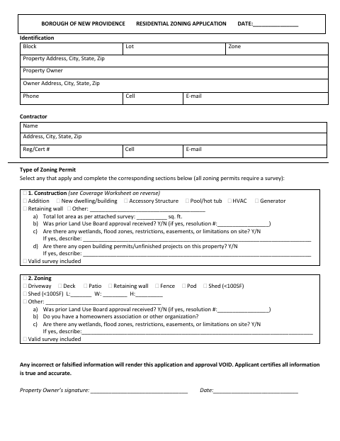 First page of the Residential Zoning Application