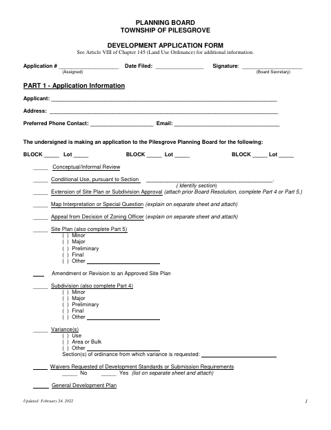 First page of the Planning Board Development Application Form