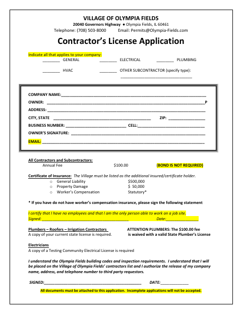 First page of the Contractor’s License Application
