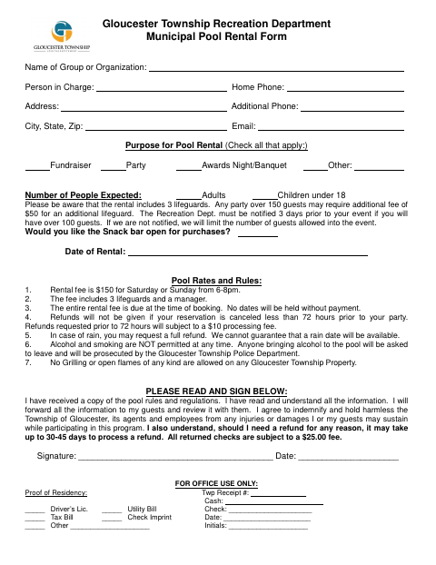 First page of the Municipal Pool Rental Form