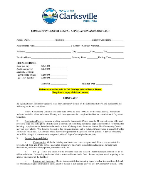 First page of the Community Center Rental Application and Contract