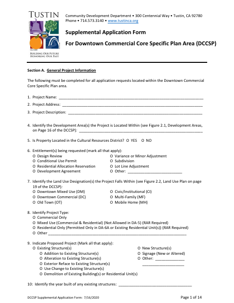 First page of the Supplemental Application Form For Downtown Commercial Core Specific Plan Area