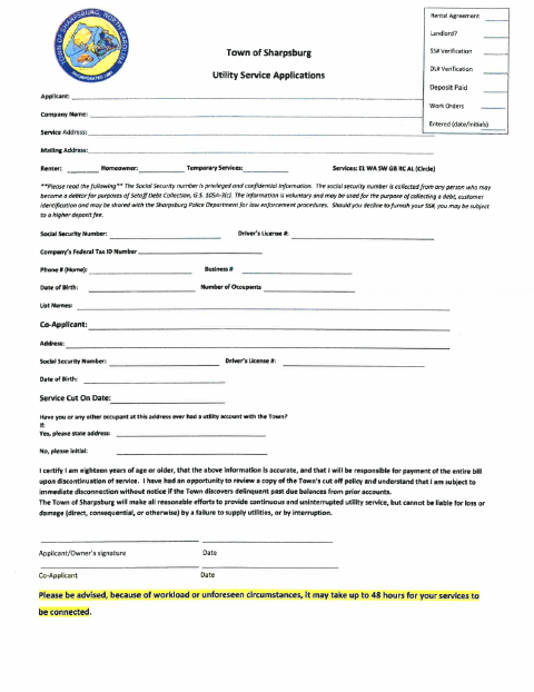 First page of the Utility Service Application