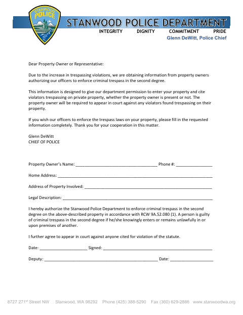 First page of the Trespass Authorization for Property Owner