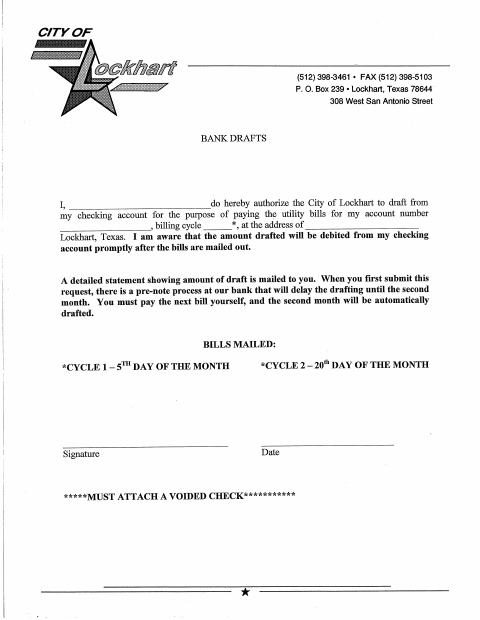 First page of the Bank Draft Authorization
