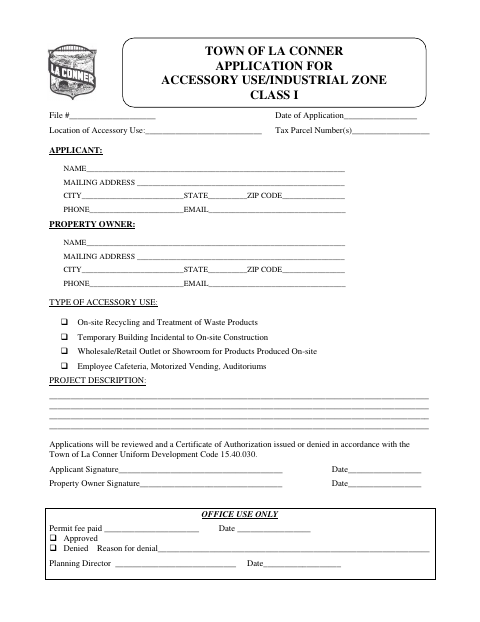 First page of the Application for Accessory Use/Industrial Zone Class I