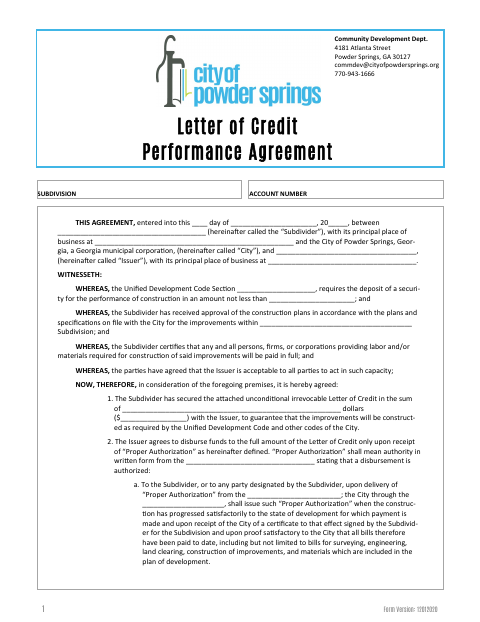 First page of the Letter of Credit Performance Agreement