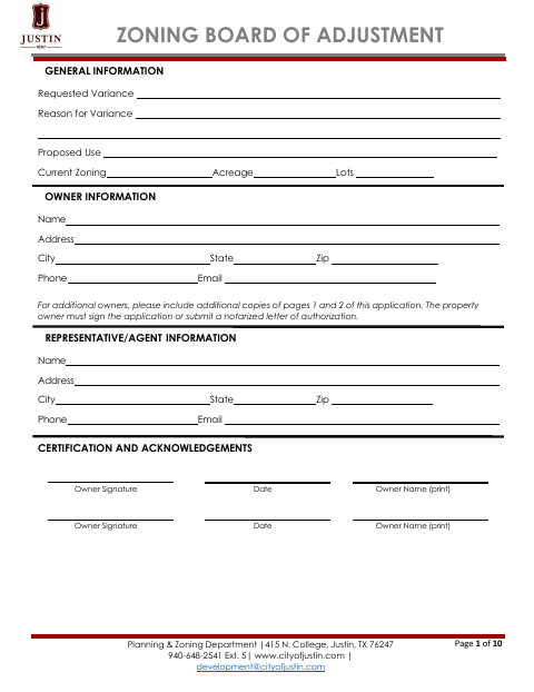 First page of the Zoning Board of Adjustment Application