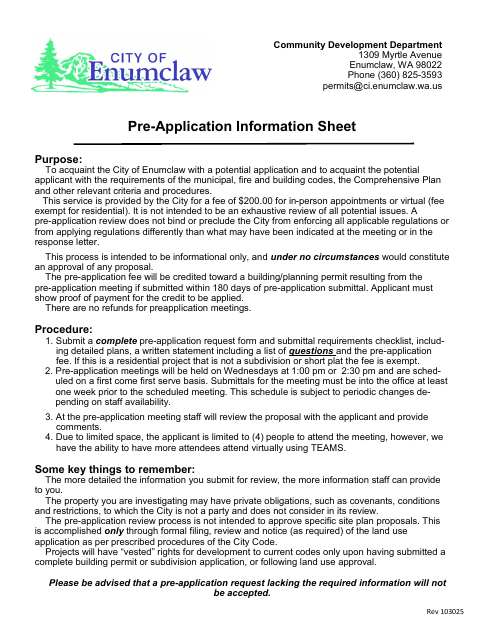 First page of the Pre-Application Information Sheet