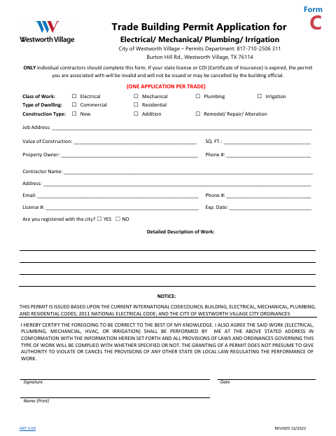 First page of the Trade Building Permit Application for Electrical, Mechanical, Plumbing, or Irrigation