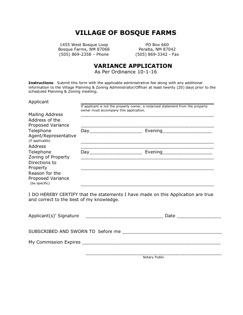 First page of the Variance Application