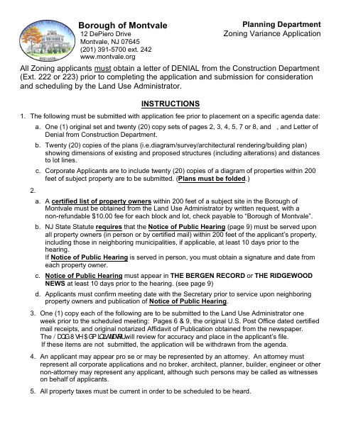 First page of the Zoning Variance Application