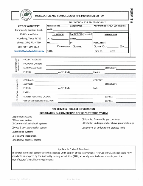 First page of the Fire Protection System Permit