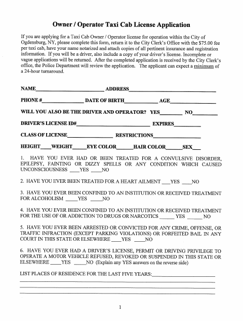 First page of the Taxicab Owner, Operator, and Driver License Application