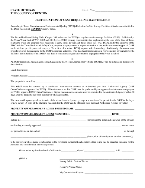 First page of the Certification Of OSSF Requiring Maintenance