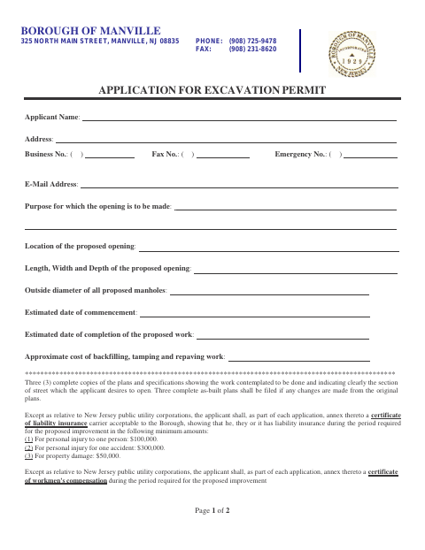 First page of the Excavation Permit Application