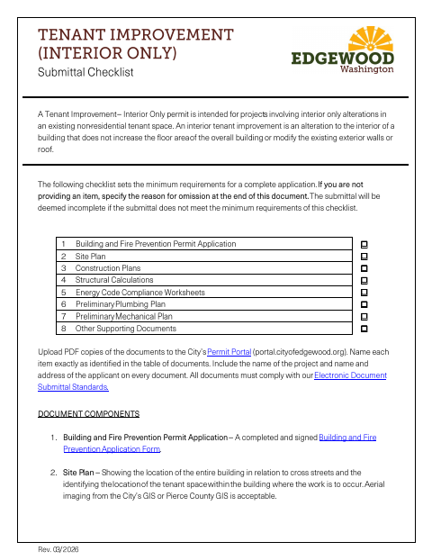 First page of the Tenant Improvement (Interior Only) Submittal Checklist