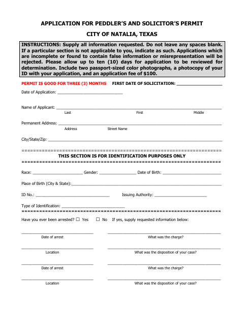 First page of the Peddler’s and Solicitor’s Permit Application
