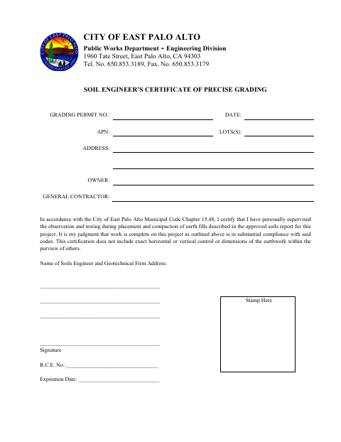 First page of the Soil Engineer’s Certificate of Precise Grading