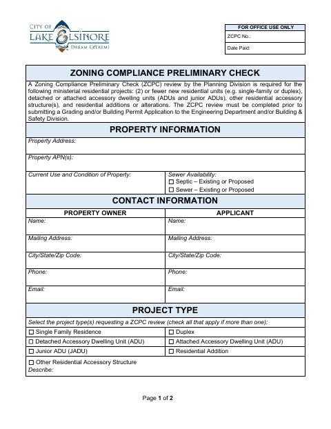 First page of the Zoning Compliance Preliminary Check