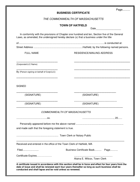 First page of the Business Certificate for Corporation or LLC