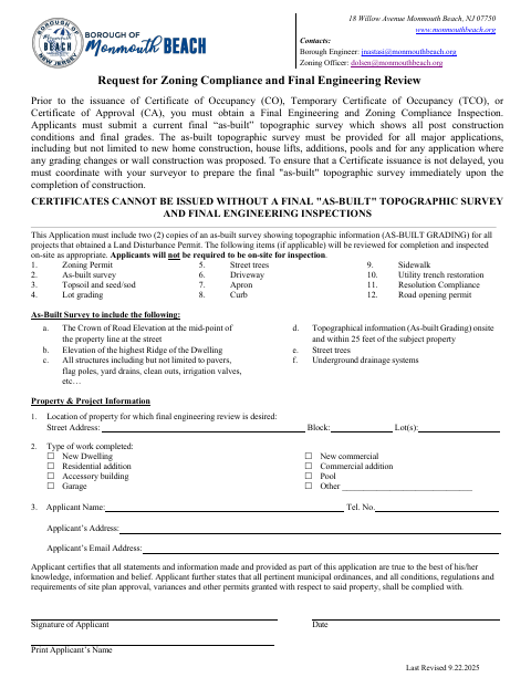 First page of the Request for Zoning Compliance and Final Engineering Review