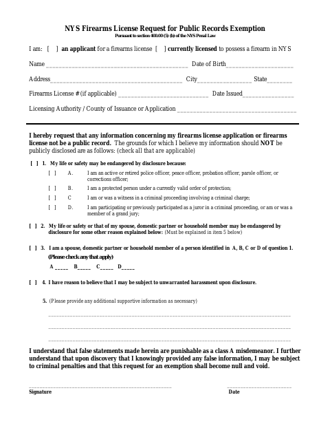 First page of the NYS Firearms License Request for Public Records Exemption