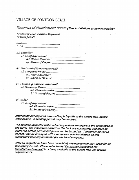 First page of the Manufactured Home Placement Set-Up
