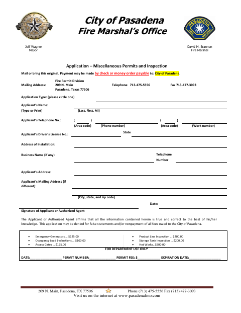 First page of the Miscellaneous Permits and Inspection Application