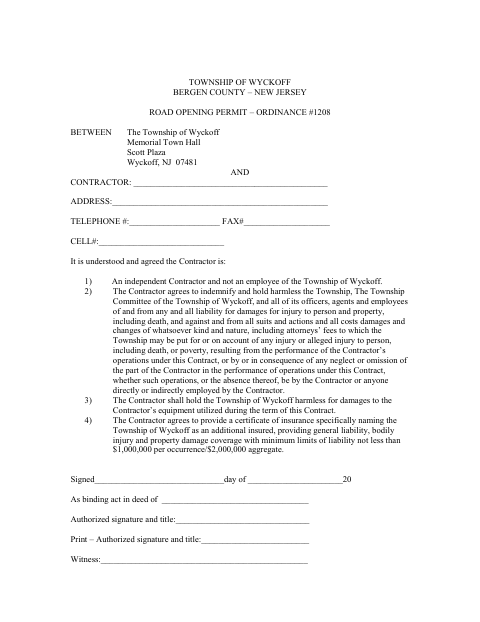 First page of the Right of Way Opening Hold Harmless Agreement