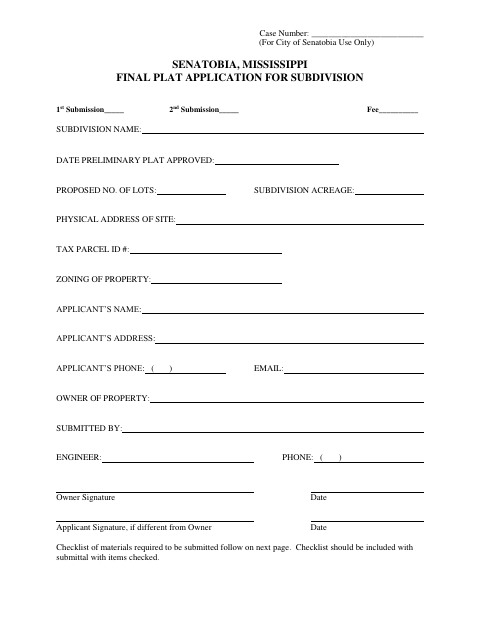 First page of the Final Plat Application and Checklist