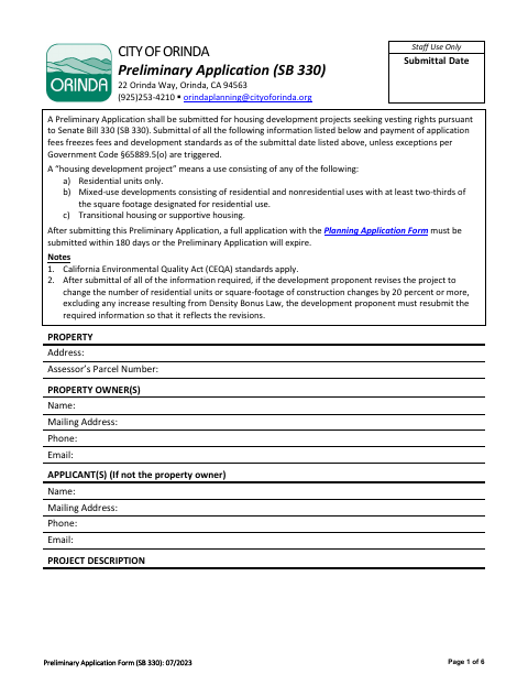 First page of the Preliminary Application (SB 330)
