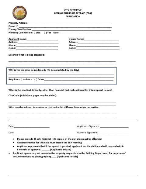 First page of the Zoning Board of Appeals Application