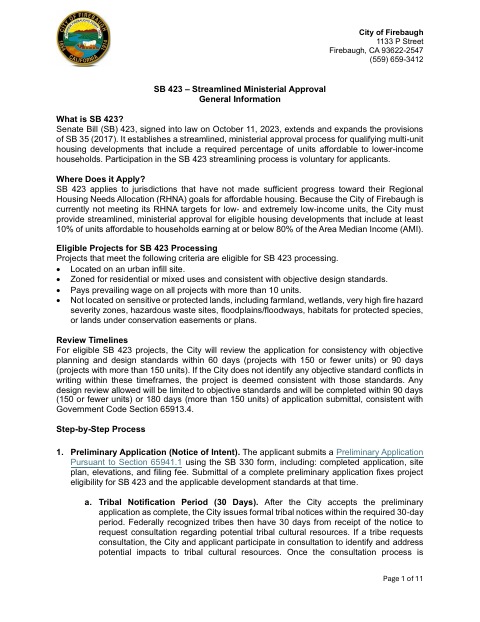 First page of the SB 423 Streamlined Ministerial Approval