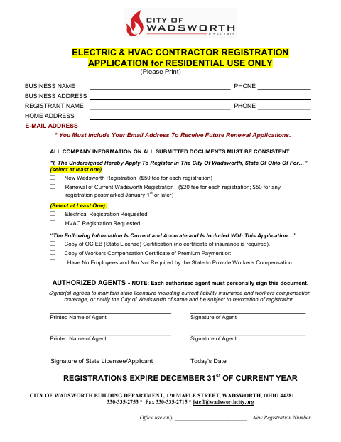 First page of the Electric & HVAC Contractor Registration Application
