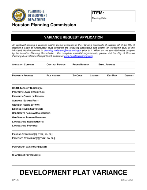 First page of the Development Plat Variance Application
