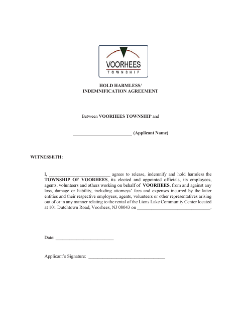 First page of the Hold Harmless/Indemnification Agreement