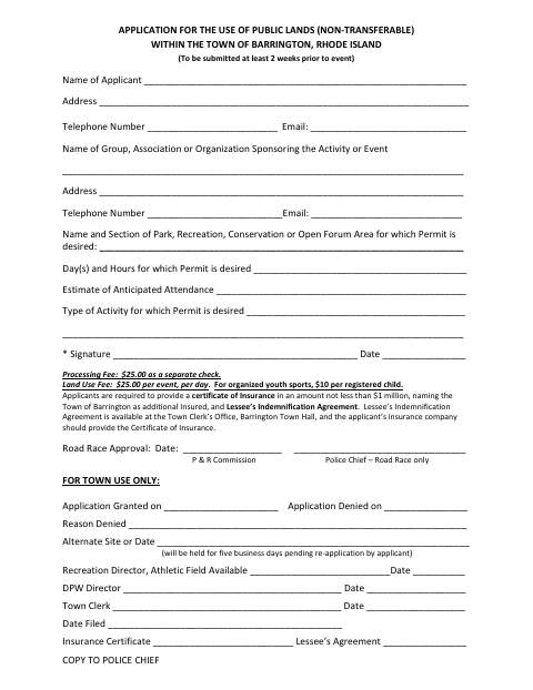 First page of the Use of Public Lands Application