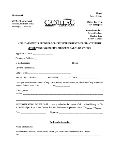 First page of the Peddler, Solicitor, or Transient Merchant Permit Application for Food Vending