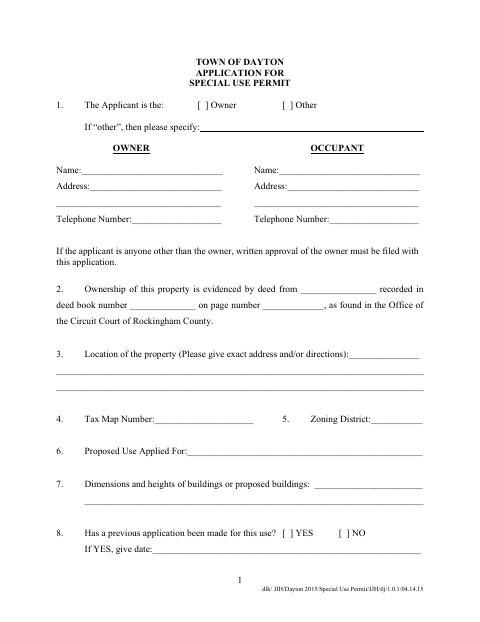 First page of the Application for Special Use Permit