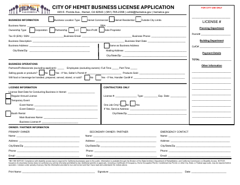 First page of the Business License Application