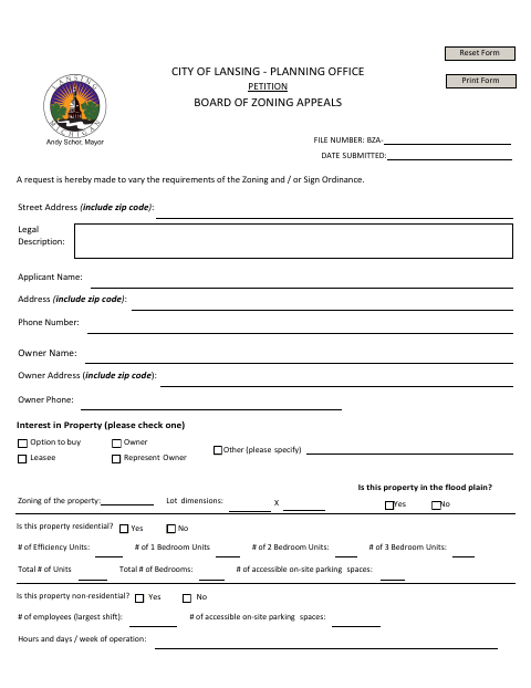 First page of the Board of Zoning Appeals Petition