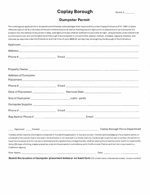 First page of the Dumpster Permit Application