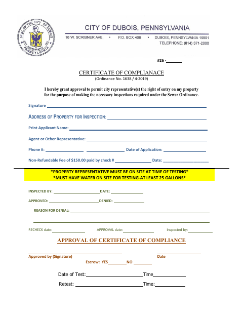 First page of the Certificate of Compliance